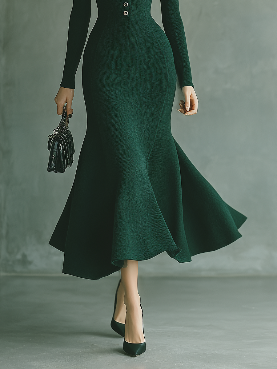 Women's Dark Green Button-down Chanel Style Maxi Dress MDA1640H5T