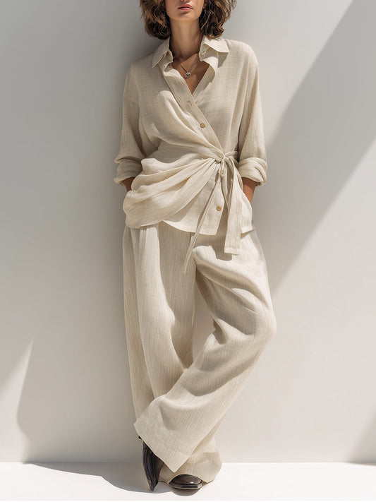 Women's Neutral Beige Chic Linen Wrap - Front Co - Ord Set MDA0886H1I