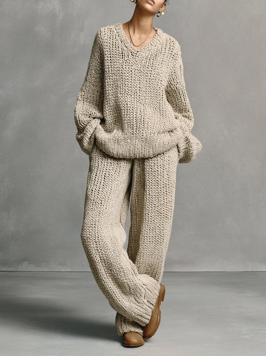 Women's Beige Casual Chunky - Knit Oversized Sweater & Pants Set MDA1448H2I