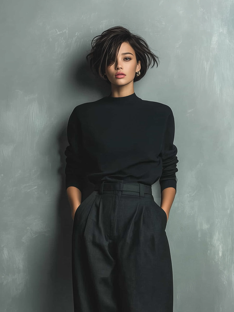 Women's Black Elegant Knit Top & Belted Wide - Leg Pants Set (without Belt) MDA2099H7I