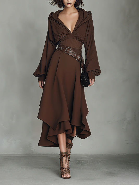 Women's Brown Bohemian Chiffon Hooded Asymmetric Midi Dress MDA1800H6I