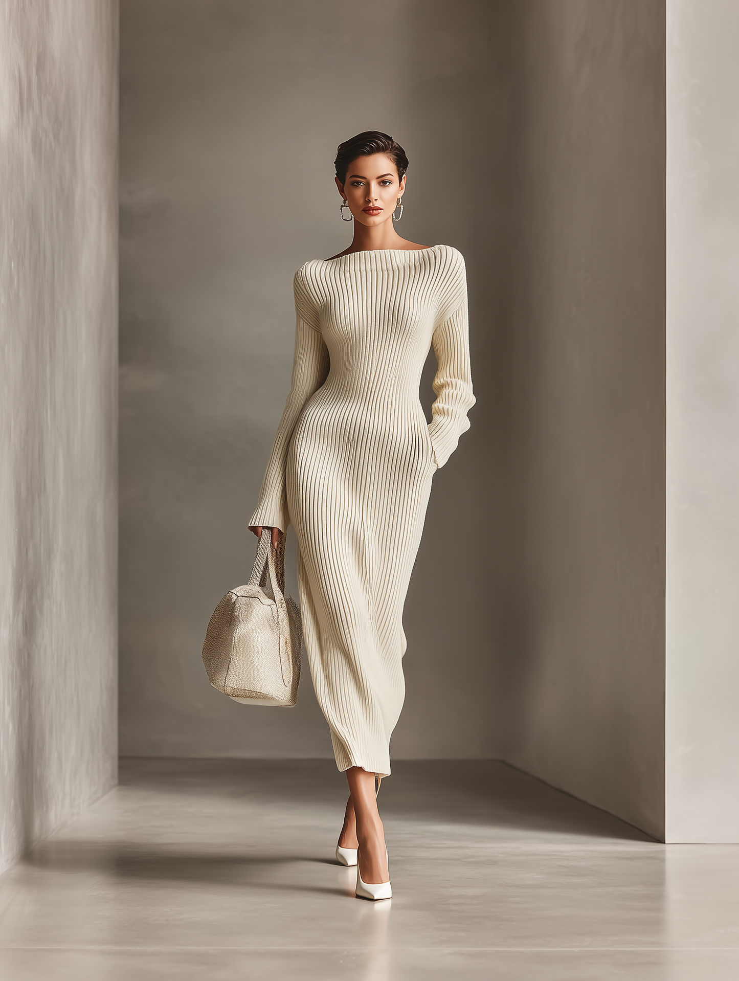 Women's White Boat Neck Knit Maxi Dress MDA1683H6T