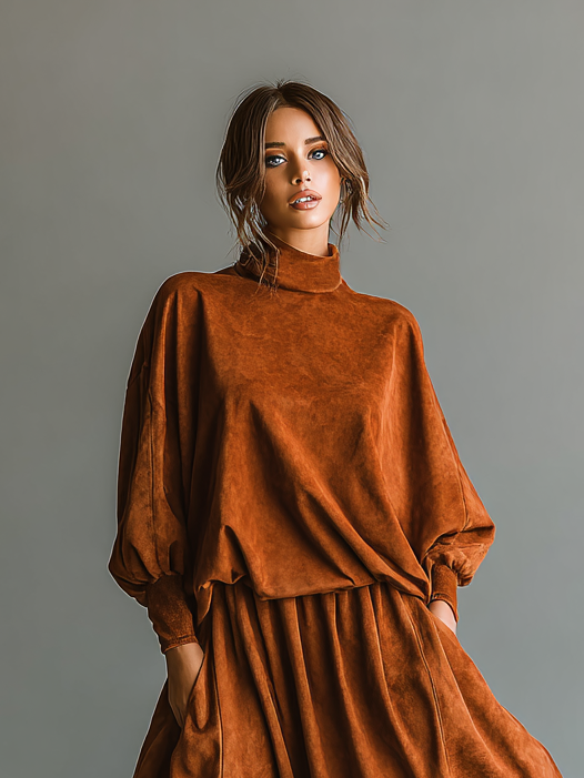 Women's Loose Suede Half-high Collar Top And Skirt Set MDA1313H5Y