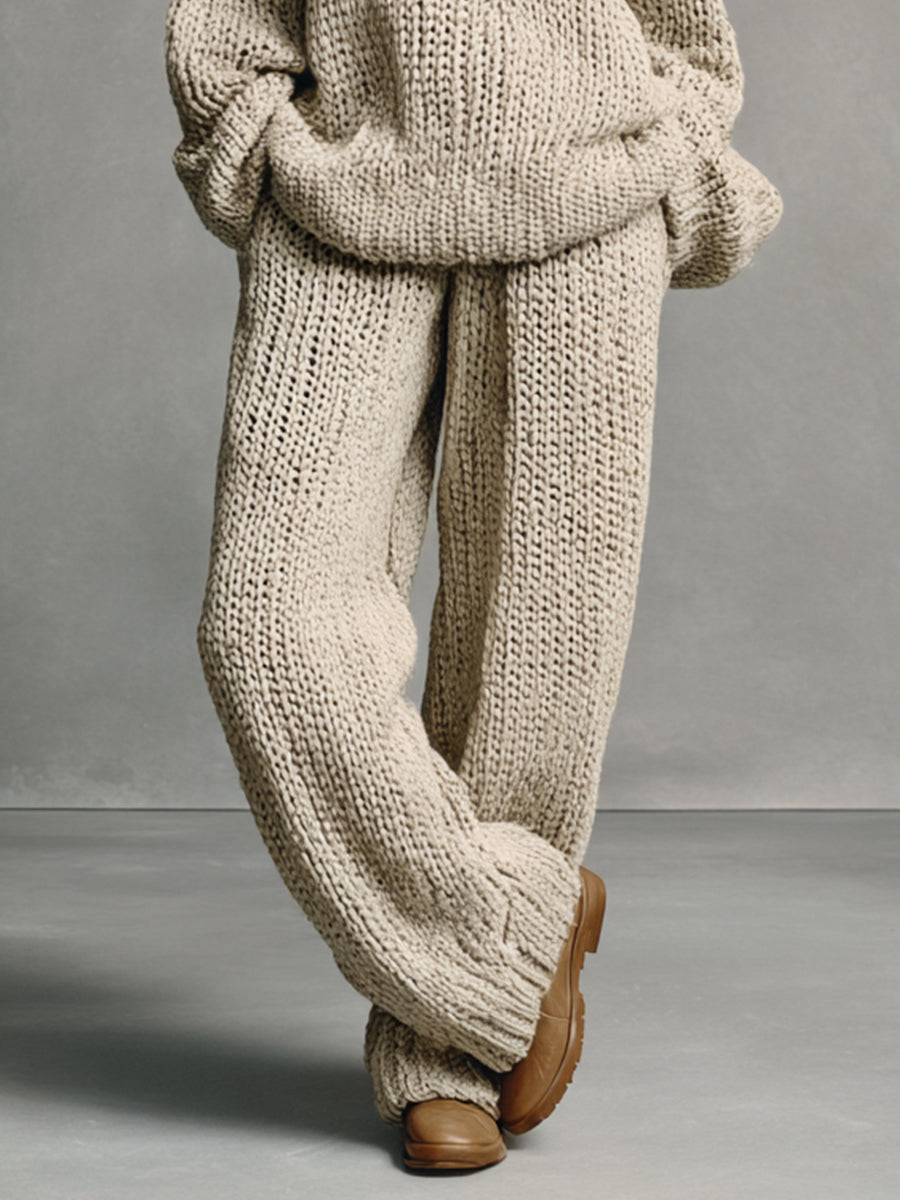 Women's Beige Casual Chunky - Knit Oversized Sweater & Pants Set MDA1448H2I