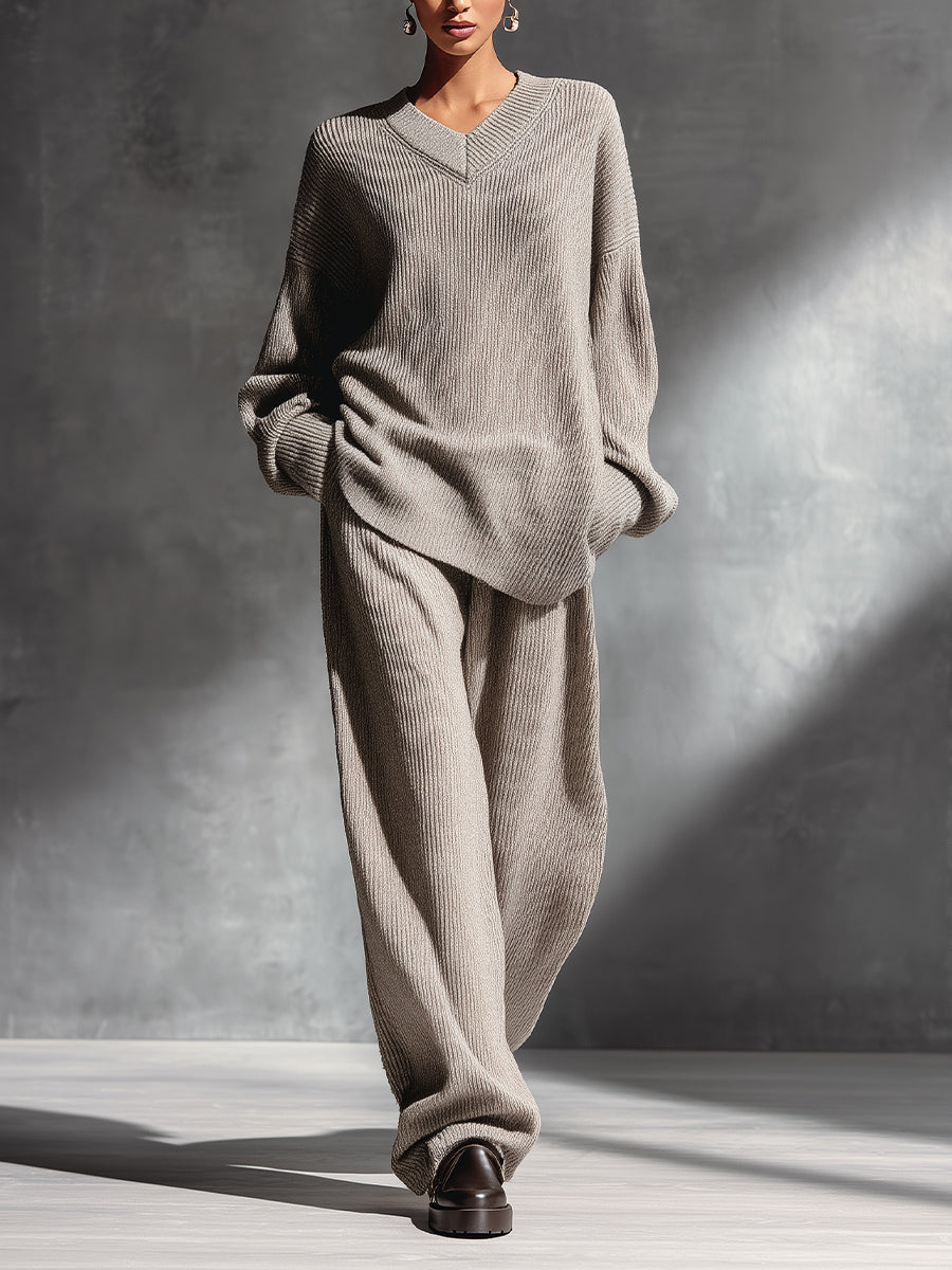 Women's Beige Elegant Rib - Knit V - Neck Sweater & Wide - Leg Pants Set MDA1516H0I