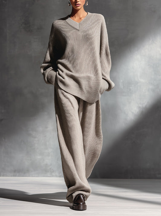 Women's Beige Elegant Rib - Knit V - Neck Sweater & Wide - Leg Pants Set MDA1516H0I