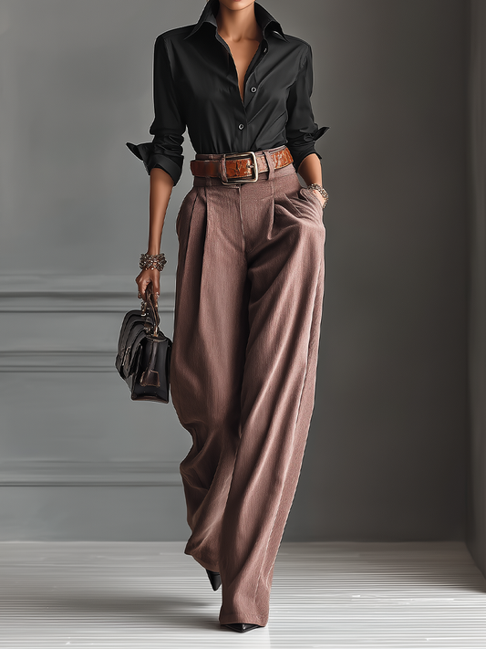 Women's Blended Black Shirt And Gray-pink Wide-leg Pants Set(Without Belt)MDA1655H2T
