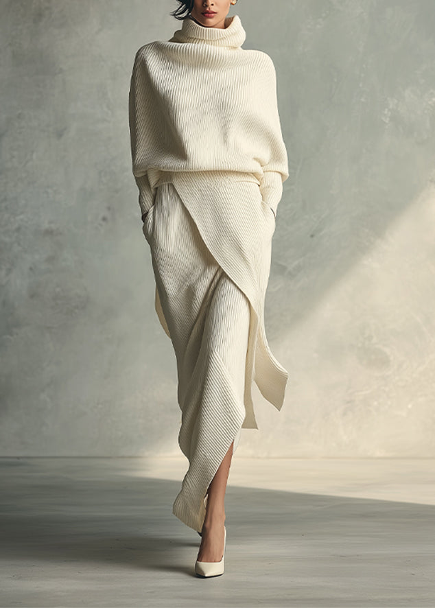 Women's Cream Elegant Rib - Knit Cowl Neck Wrap Skirt Set MDA1348H3I