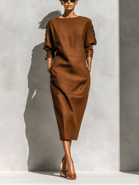 Women's Casual Elegant Boat Neck Lantern Sleeve Straight Midi Dress MDA2925G1I