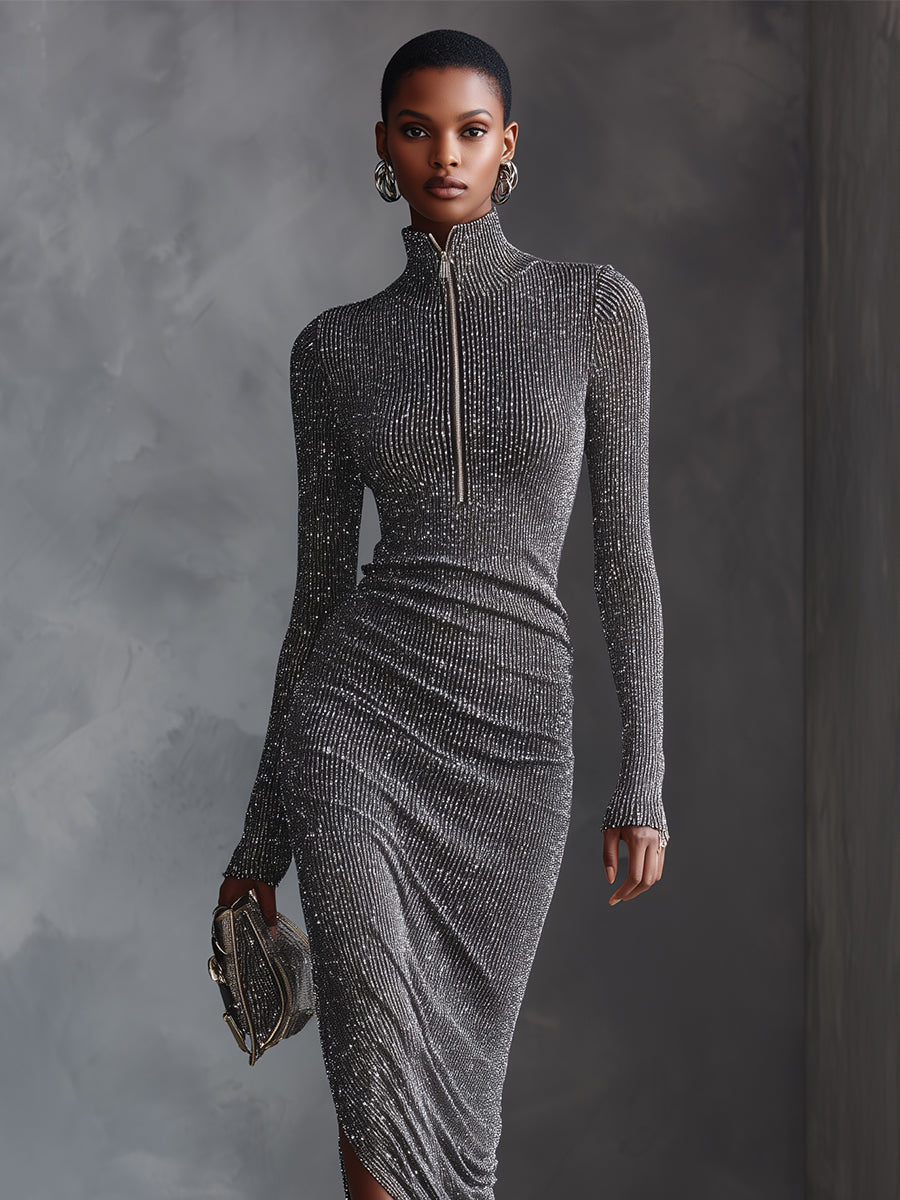 Women's Silver Glamorous Lurex - Knit Zip - Front Ruched Midi Dress MDA1462H7I