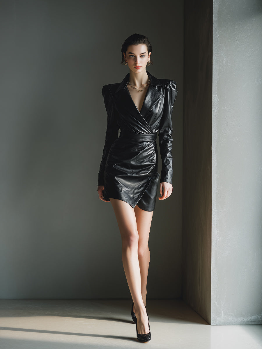 Women's Black Chic Faux Leather Puffed - Shoulder Wrap Mini Dress MDA1909H7I