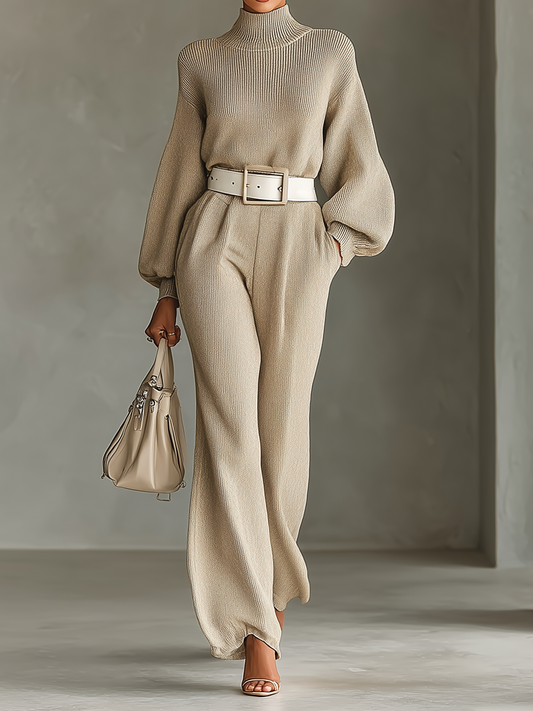 Women's Beige Elegant Casual Knitted Midi Dress (Without Belt) MDA1510H7T