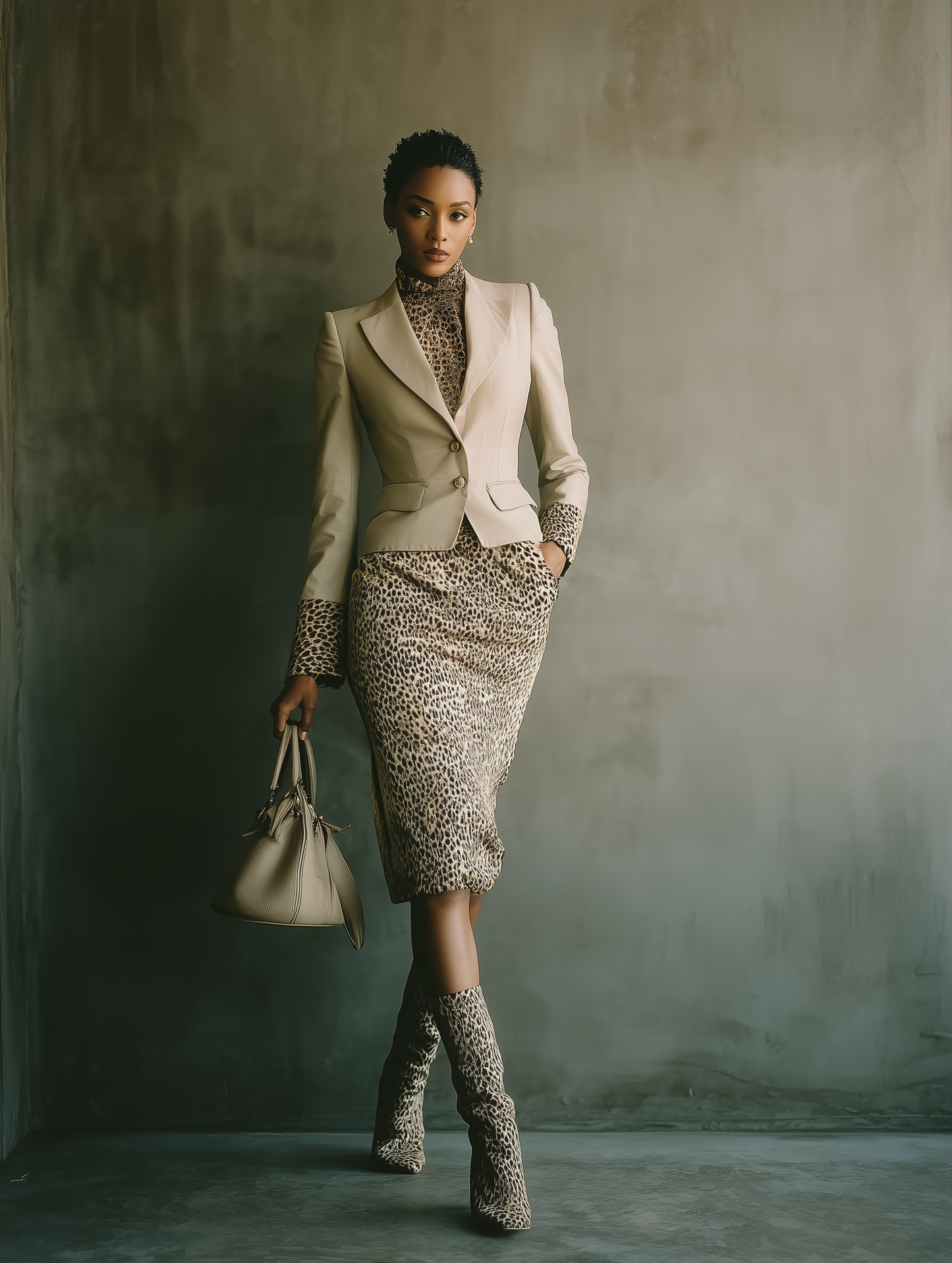 Women's Beige Blended Suit And Leopard Print Skirt Set MDA0512H8T