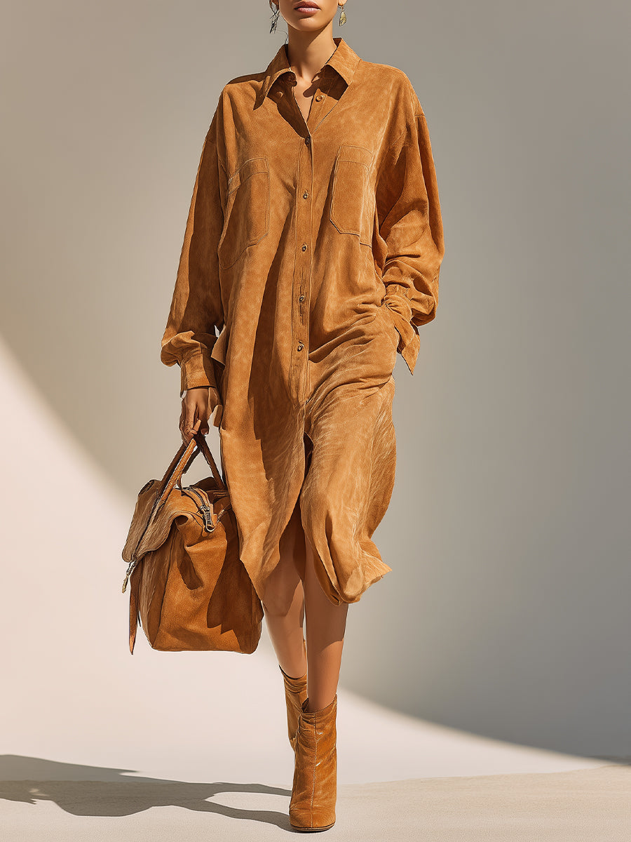 Women's Camel Elegant Suede Oversized Button - Front Shirt Midi Dress MDA2213H2I