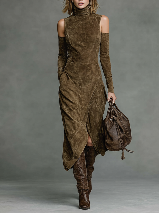 Women's Fashion Suede High Neck Long Sleeve Off-Shoulder Straight Midi Dress MDA1676H4Y