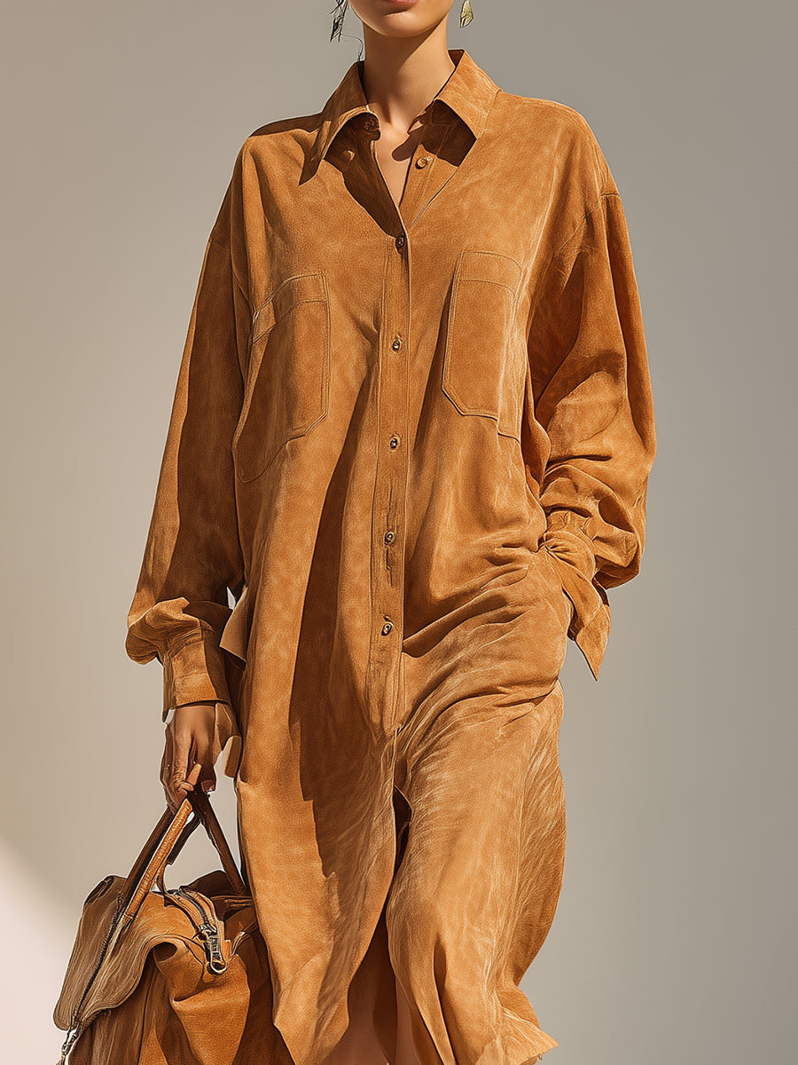 Women's Camel Elegant Suede Oversized Button - Front Shirt Midi Dress MDA2213H2I