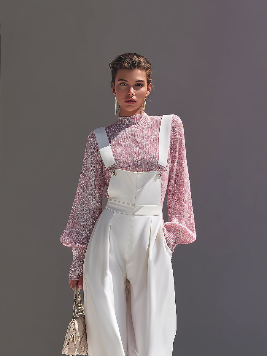 Women's Pink Chic Lurex - Knit Sweater & High - Waist Overalls Set MDA1590H2I