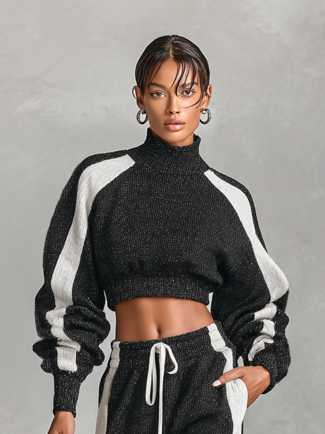 Women's Black And White Half-high Collar Short Sweater And Knitted Pants Set MDA1226H3Y