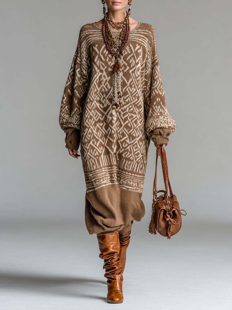 Women's Retro Pattern Jacquard Knit Round Neck Loose Maxi Dress MDA1208H2Y